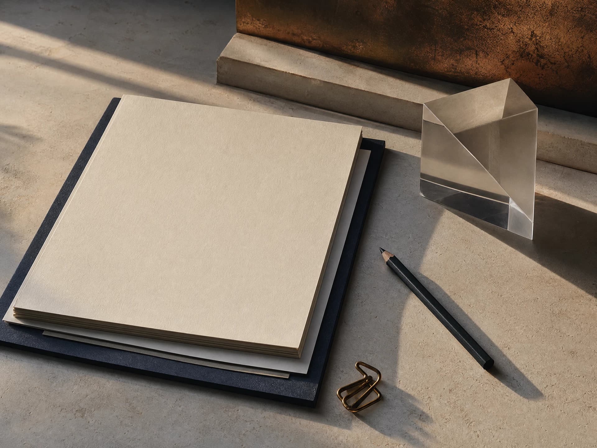 Editorial still life of a blank property dossier on a desk